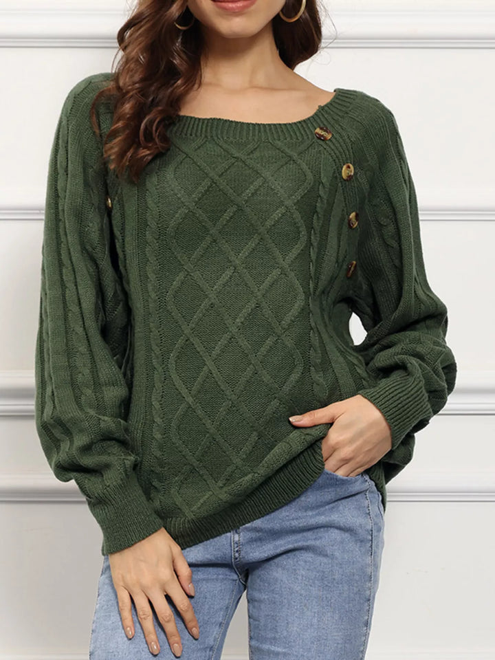 Army Green Cable knit boat neck sweater with side button trim