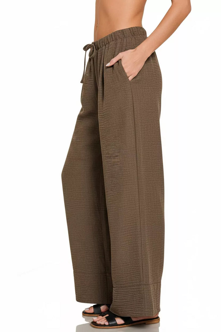 Wide-leg woven drawstring pants with side pockets