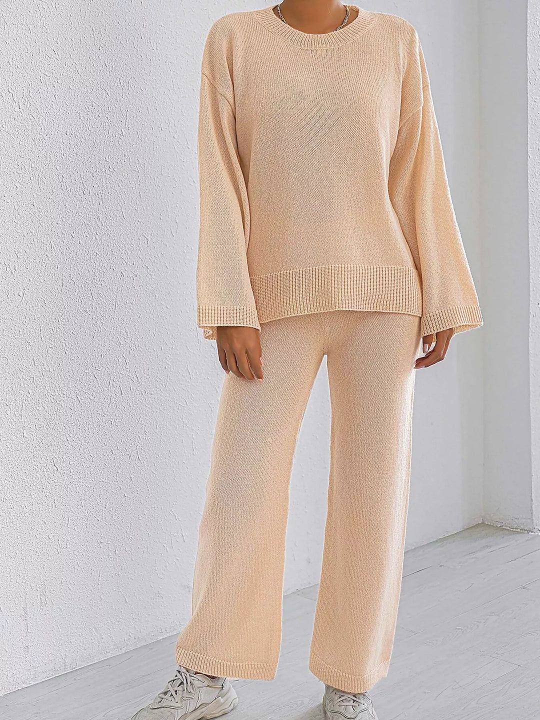 Apricot Suit Drop shoulder knit sweater and wide leg pants set