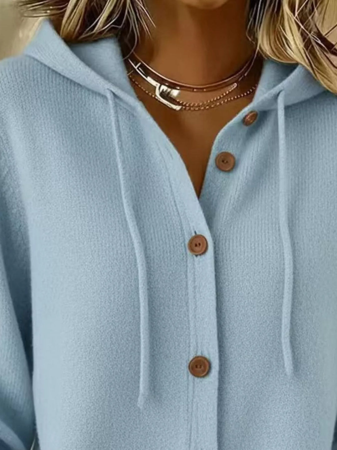 Hooded button-down knit cardigan with drawstring