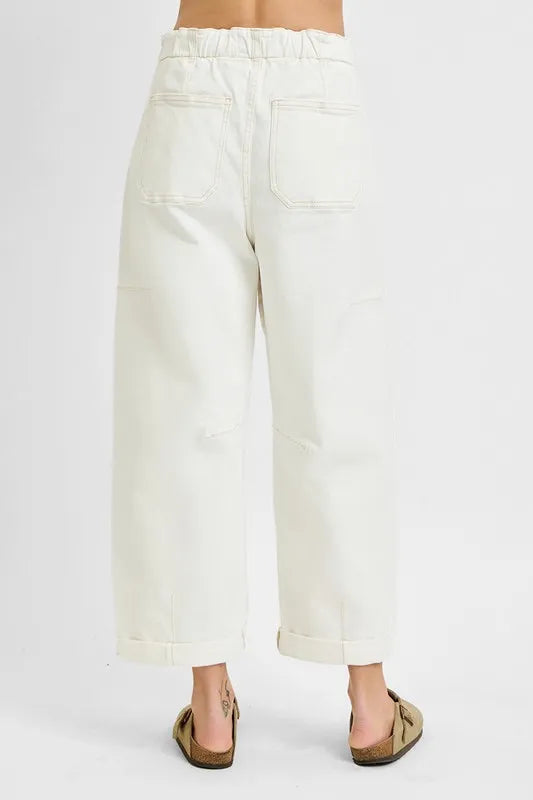 High-rise barrel-leg utility jeans with drawstring waist