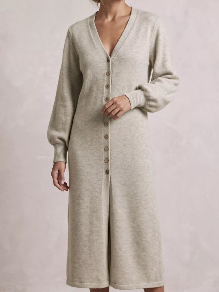 Button-front V-neck knit sweater midi dress