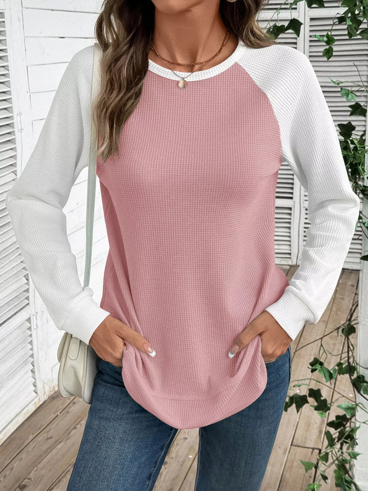 Contrast raglan waffle knit long sleeve top