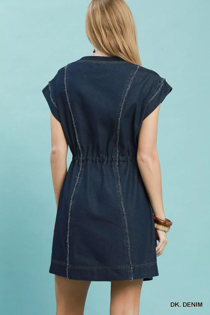 Frayed seam drawstring waist denim mini dress with cap sleeves