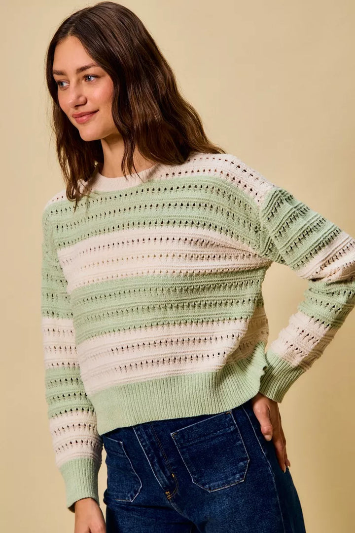 Openwork wide-stripe crew neck knit sweater