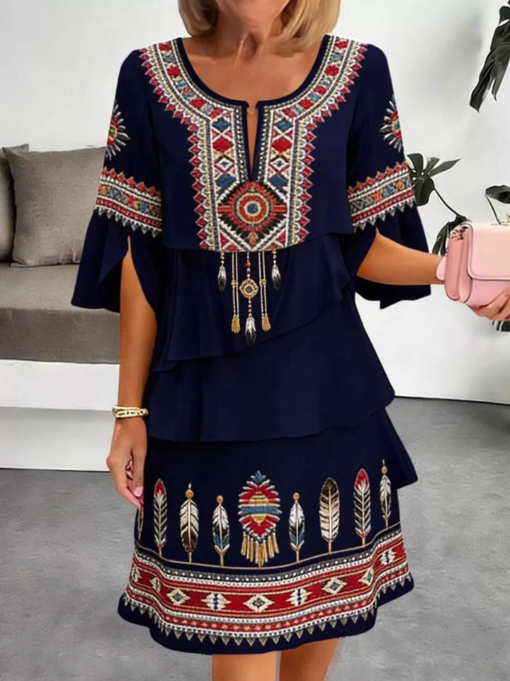 Dark Navy Tribal print tiered ruffle mini dress with notched neckline