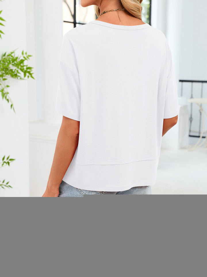 Relaxed-fit V-neck short sleeve tee with raw hem