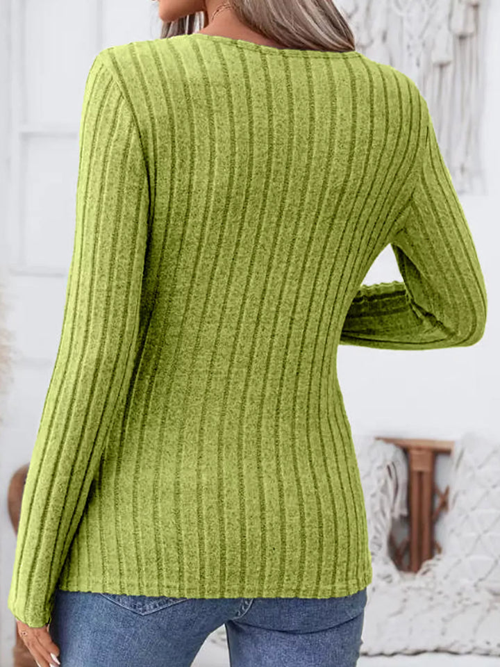 Ribbed knit notched-neck long sleeve top with side buttons