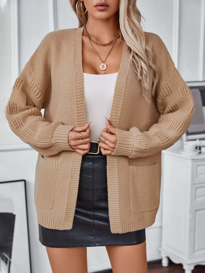 Camel Textured basketweave knit open-front cardigan with pockets