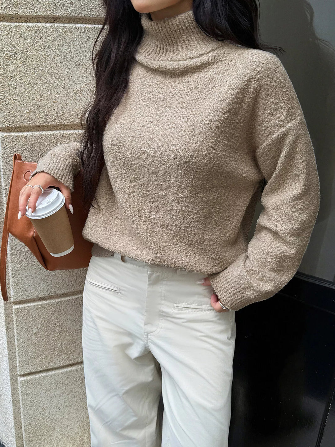 Textured knit turtleneck sweater with drop shoulders