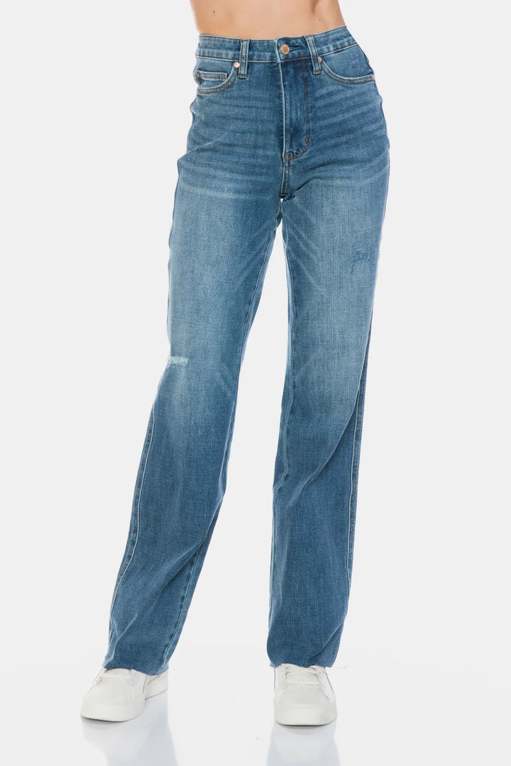 Medium High-rise tummy control straight jeans with raw hem