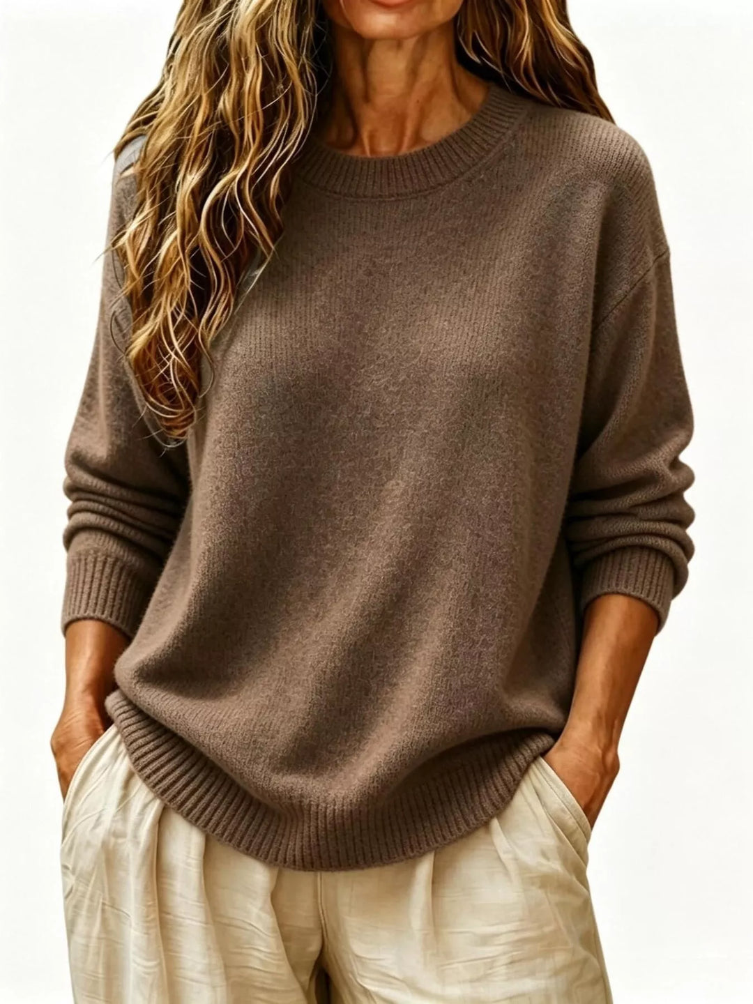 Coffee Brown Soft brushed knit sweater with ribbed cuffs and drop shoulders