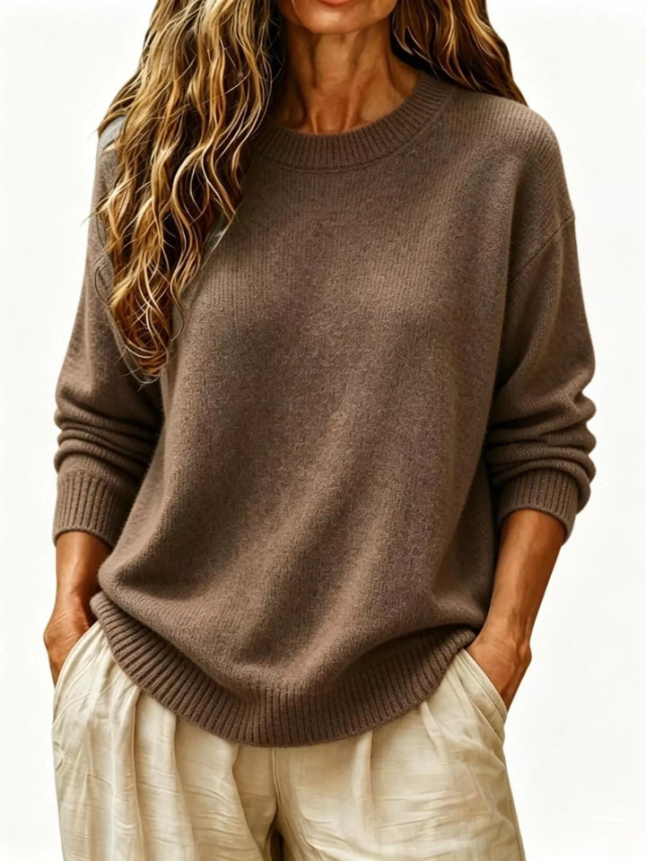 Coffee Brown Soft brushed knit sweater with ribbed cuffs and drop shoulders