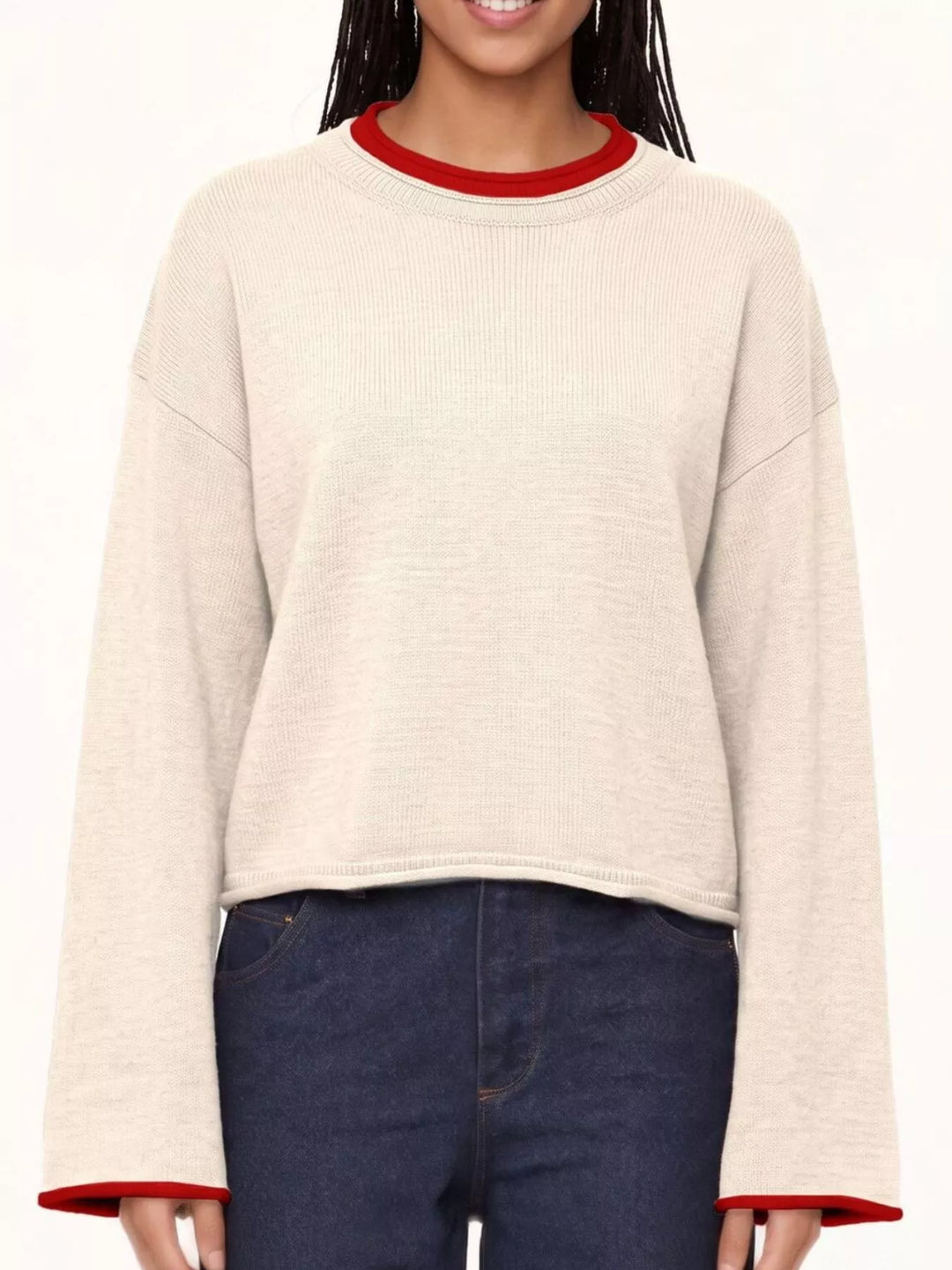 Apricot Drop shoulder crew neck sweater with contrast trim