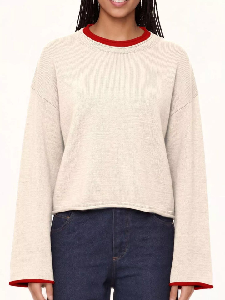 Apricot Drop shoulder crew neck sweater with contrast trim