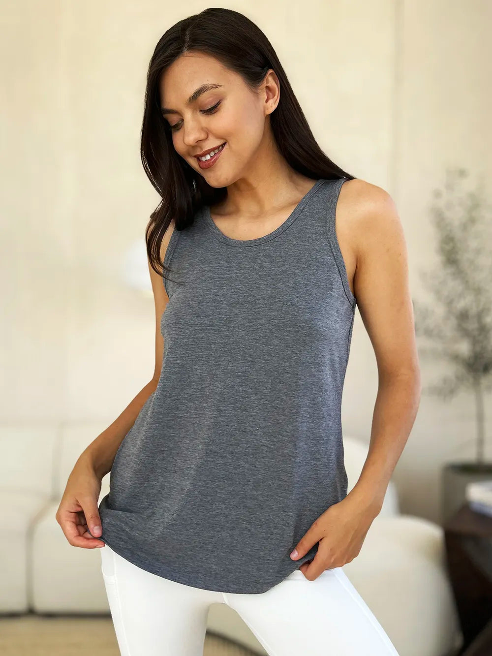 Round neck curved hem rayon tank top