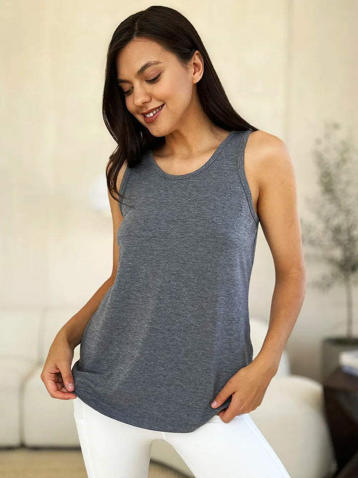 Round neck curved hem rayon tank top