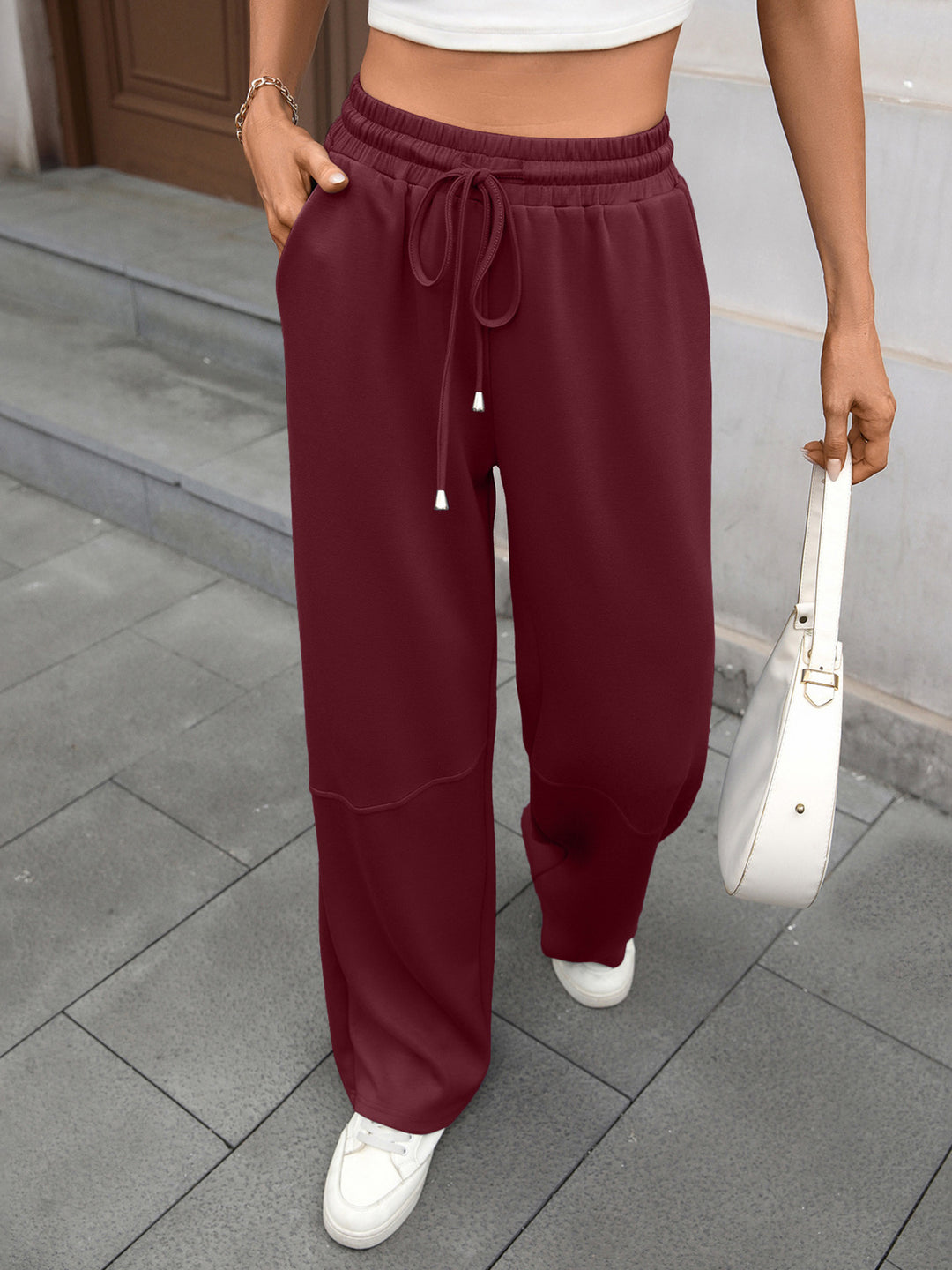 Drawstring high-rise wide leg pants with side pockets