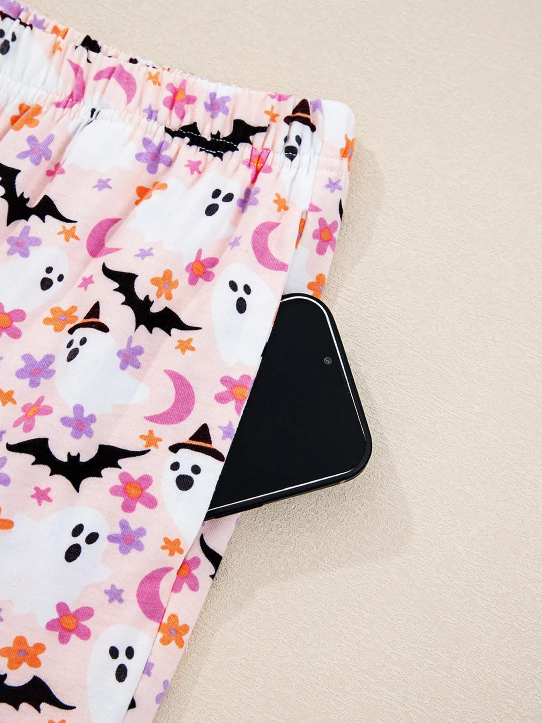 Ghost and bat print button-up pajama set with piped trim