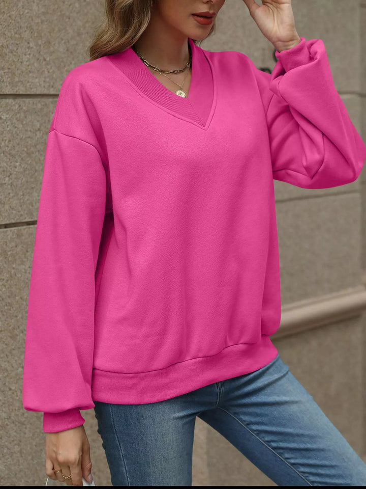 V-neck drop-shoulder pullover sweatshirt with ribbed trim