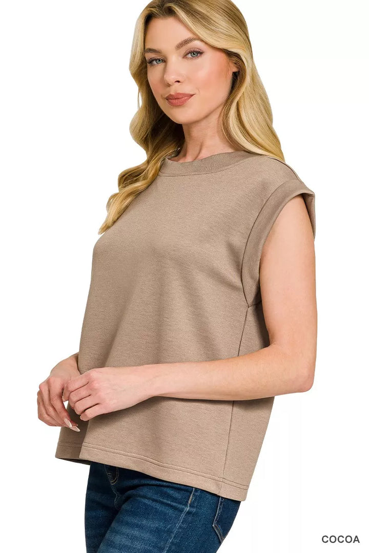 Structured scuba knit round neck cap sleeve top