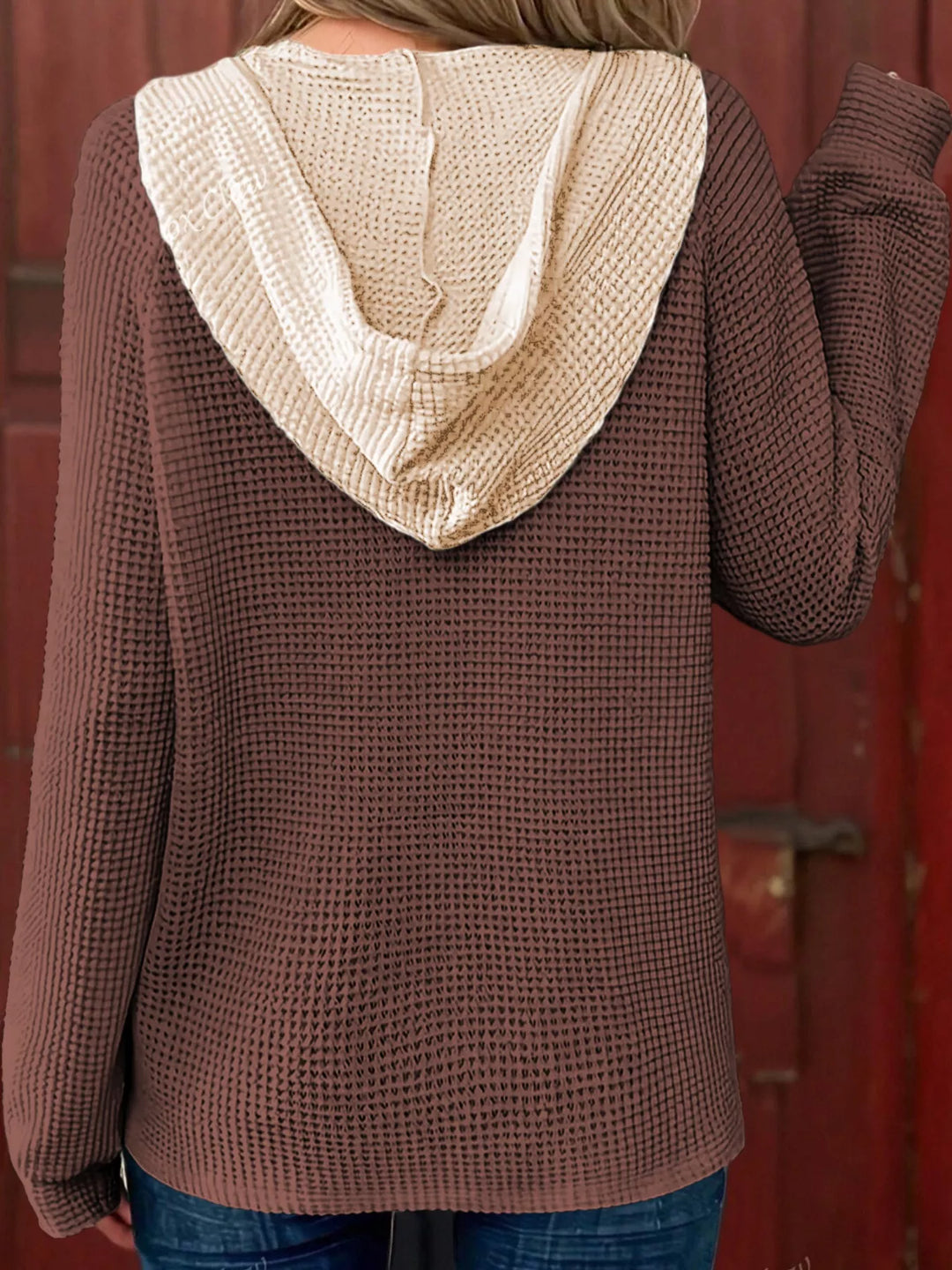 Waffle knit half-button hooded pullover with contrast trim