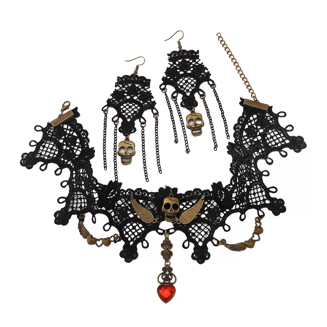 Lace skull choker necklace and drop earrings jewelry set