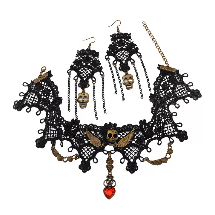 Lace skull choker necklace and drop earrings jewelry set