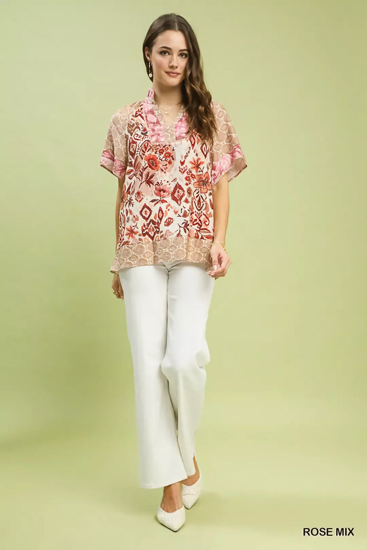 Mixed print patchwork short sleeve blouse with split V-neck