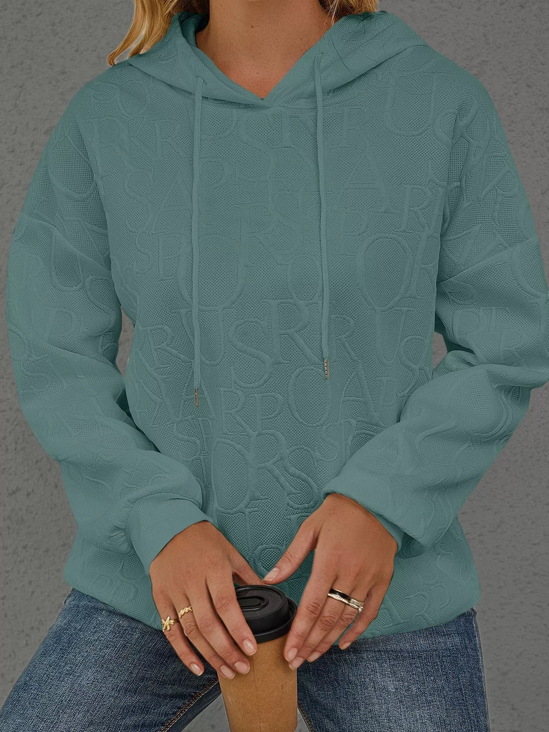 Embossed lettering drawstring pullover hoodie