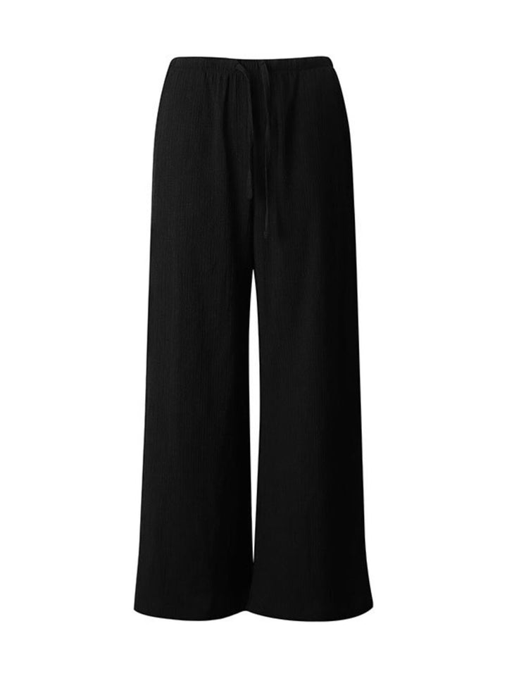 Crinkle textured wide leg pants with drawstring waist