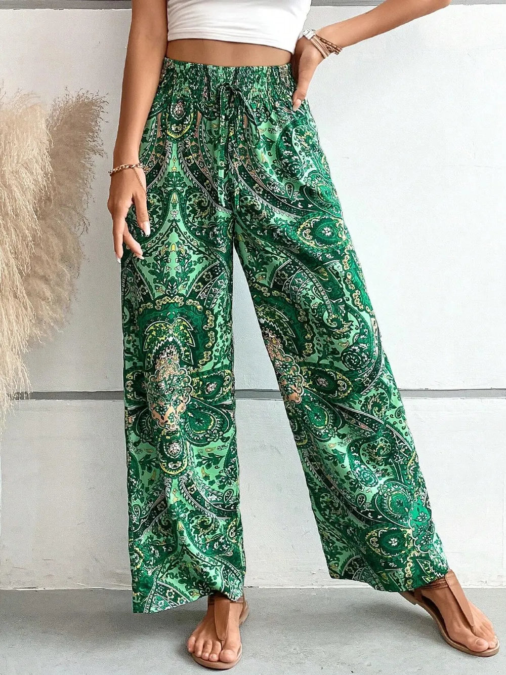 Paisley print wide-leg pants with drawstring waist