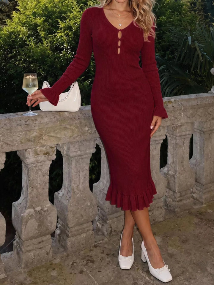 Ribbed knit midi dress with ruffle hem and button placket