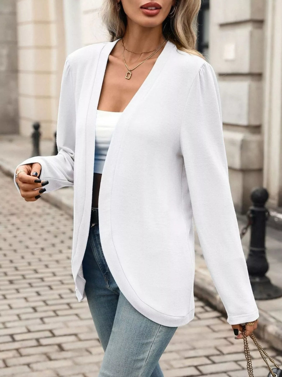 Open front collarless cardigan blazer with curved hem