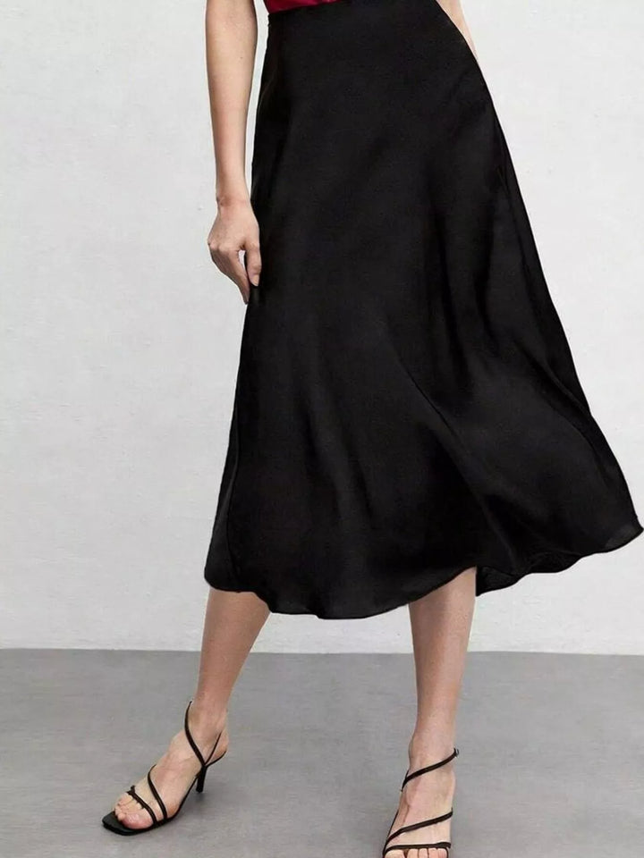 High-waist satin-finish midi skirt with side slit