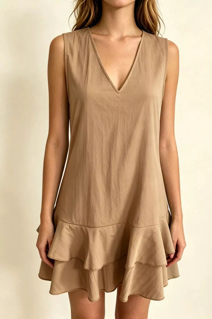 Taupe Full Size Sleeveless V-Neck Ruffle Hem Mini Dress Plus Size