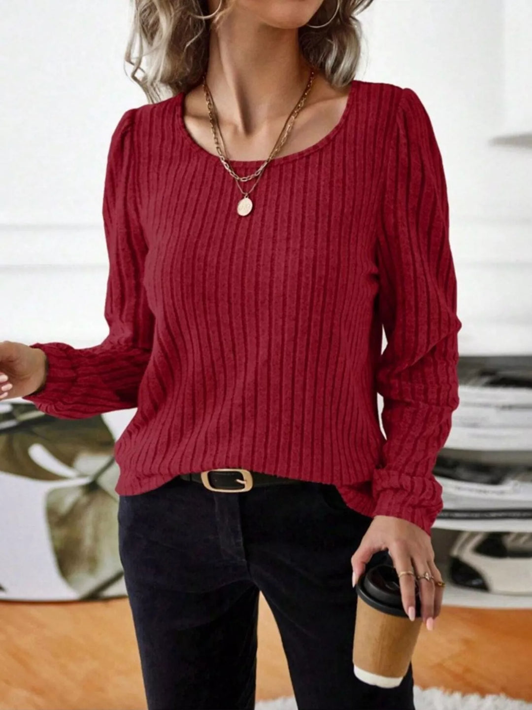 Ribbed knit scoop neck long sleeve top