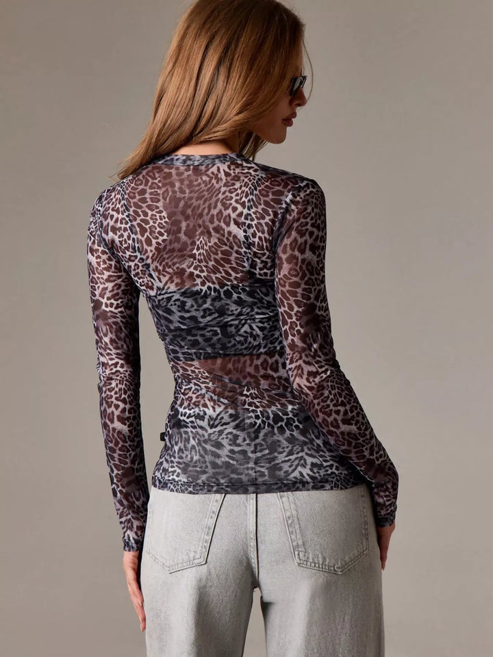 Sheer leopard mesh crew neck long sleeve top