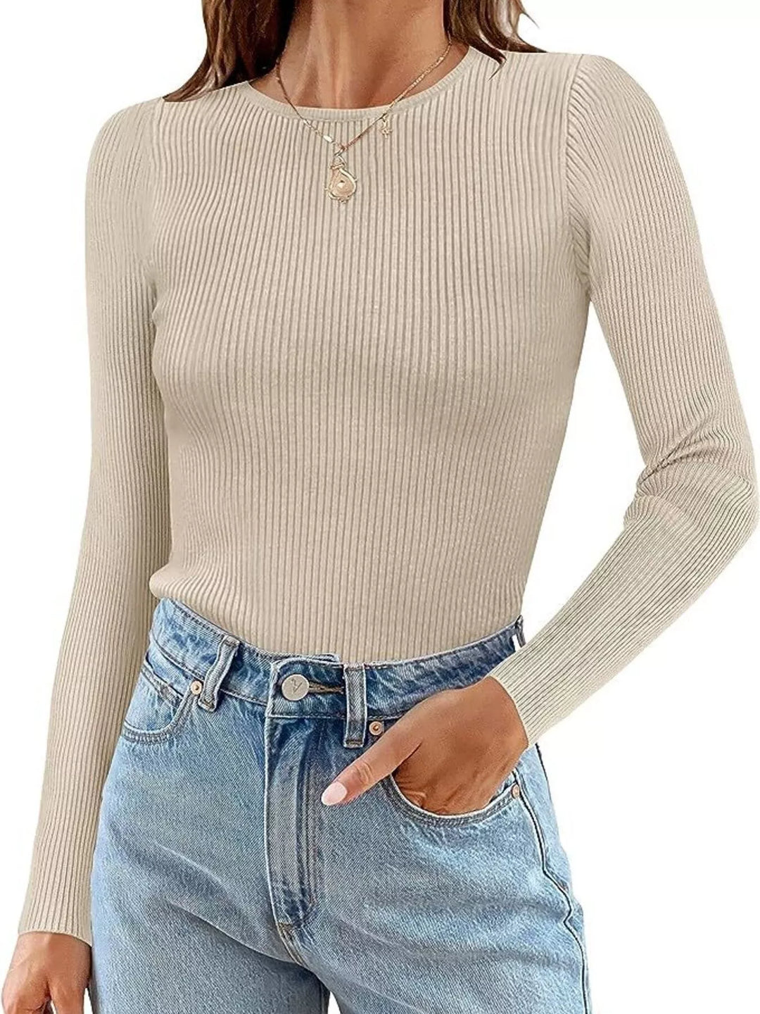 Khaki Ribbed knit slim-fit long sleeve crew top