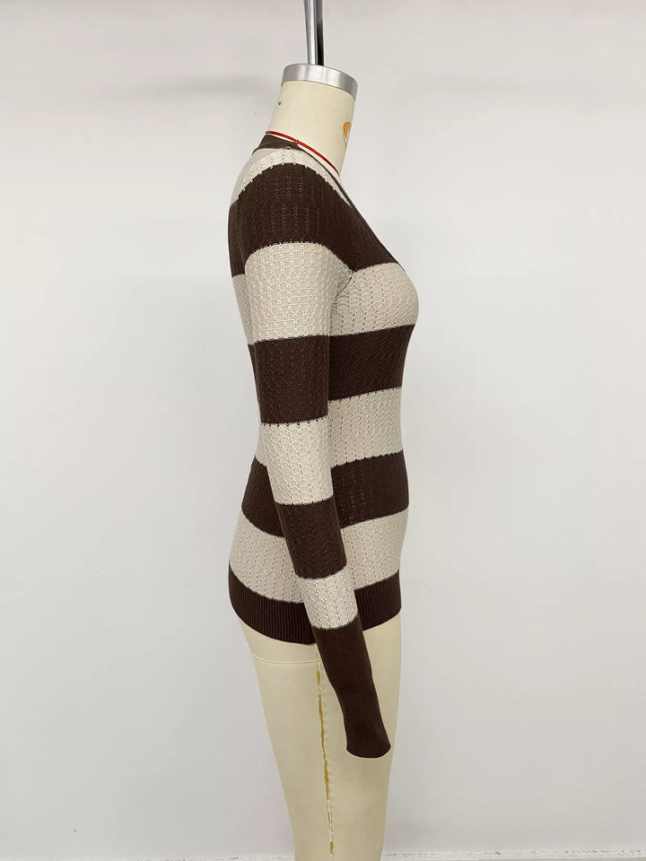 Striped cable knit v-neck pullover with ribbed trim