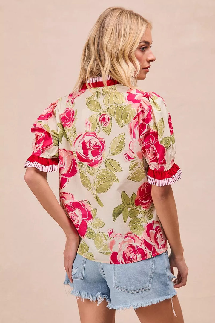 Floral rose cotton blouse with contrast trim and ruffle cuffs