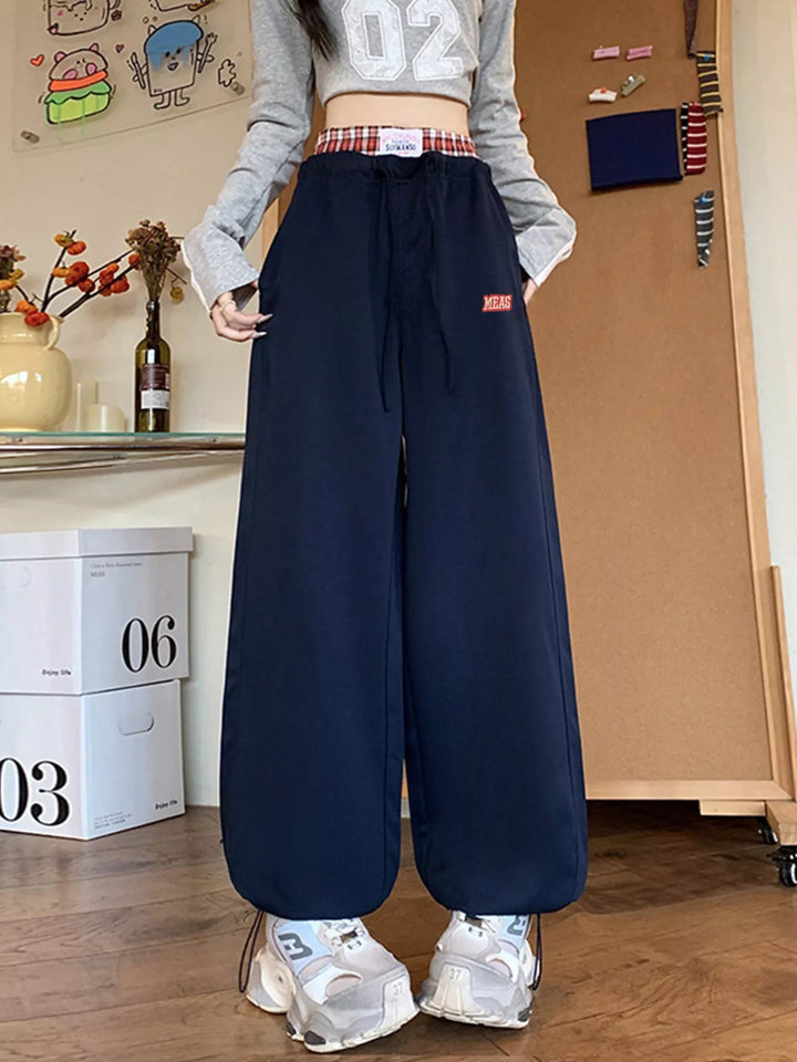Navy Wide-leg drawstring pants with plaid waistband detail