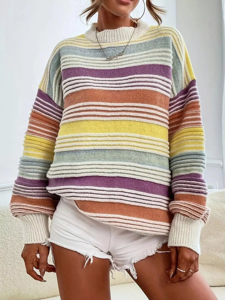 Striped mock neck relaxed knit pullover sweater