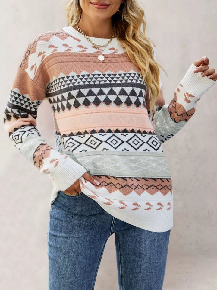 Geometric drop shoulder knit sweater with ribbed cuffs