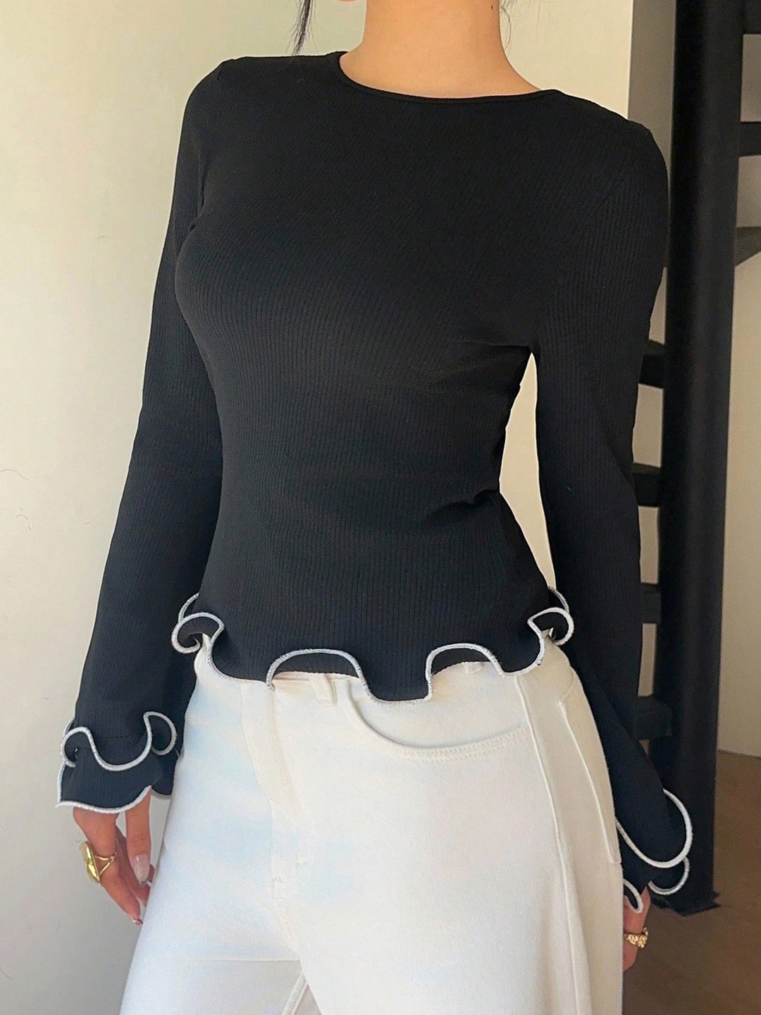 Ribbed lettuce-hem long sleeve top with tie back
