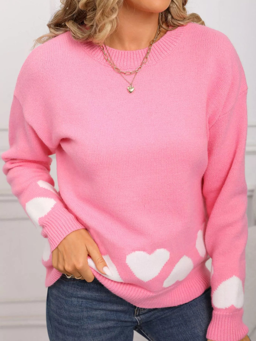 Heart pattern crew neck knit pullover sweater