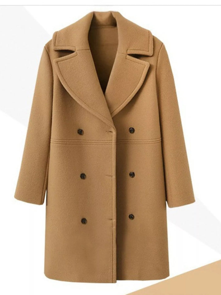 Khaki Double-breasted longline coat with notched lapel collar