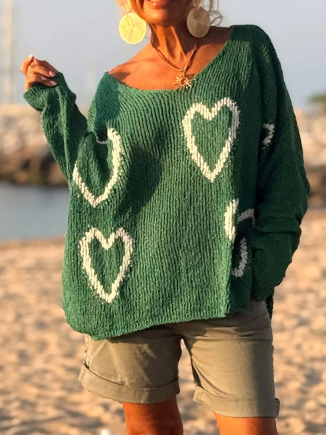 Heart motif V-neck dropped-shoulder knit sweater