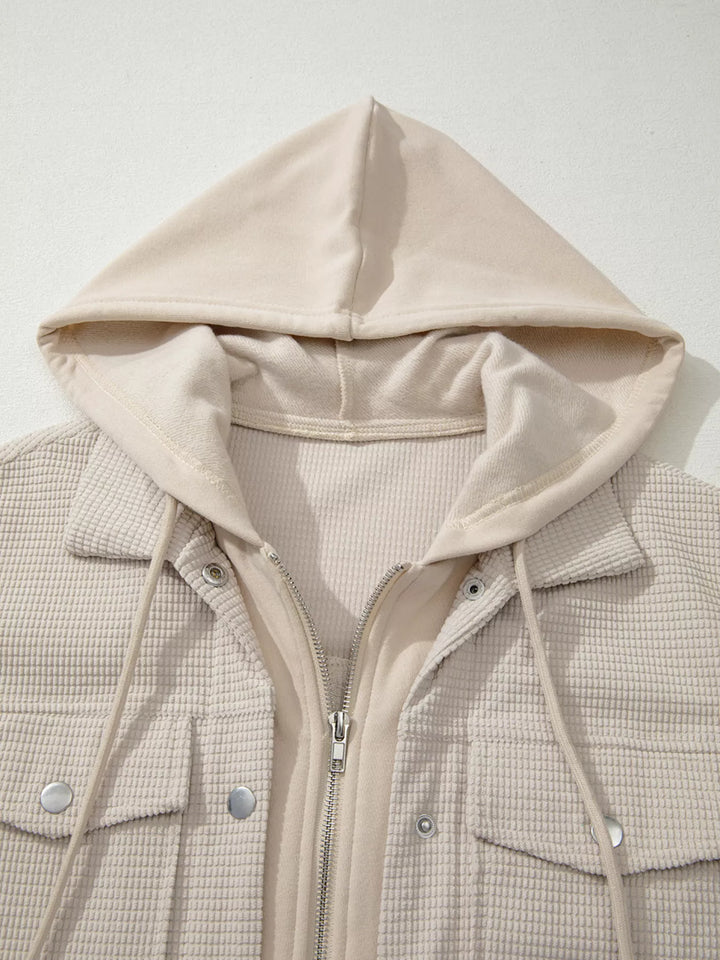 Waffle knit hooded jacket with snap flap pockets