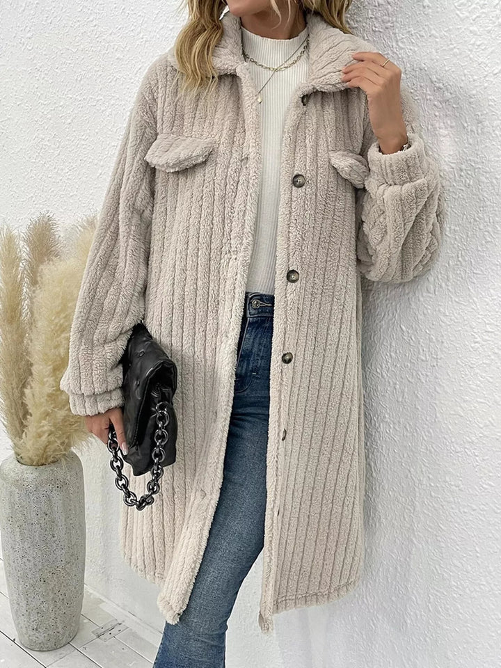 Ribbed fleece longline button-down coat with flap pockets